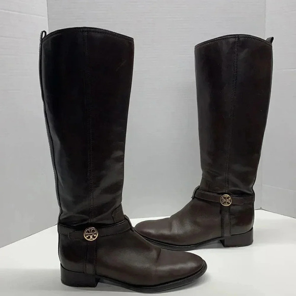 Tory Burch Bristol Knee High Tall Riding Boots Brown Gold Logo Size 9